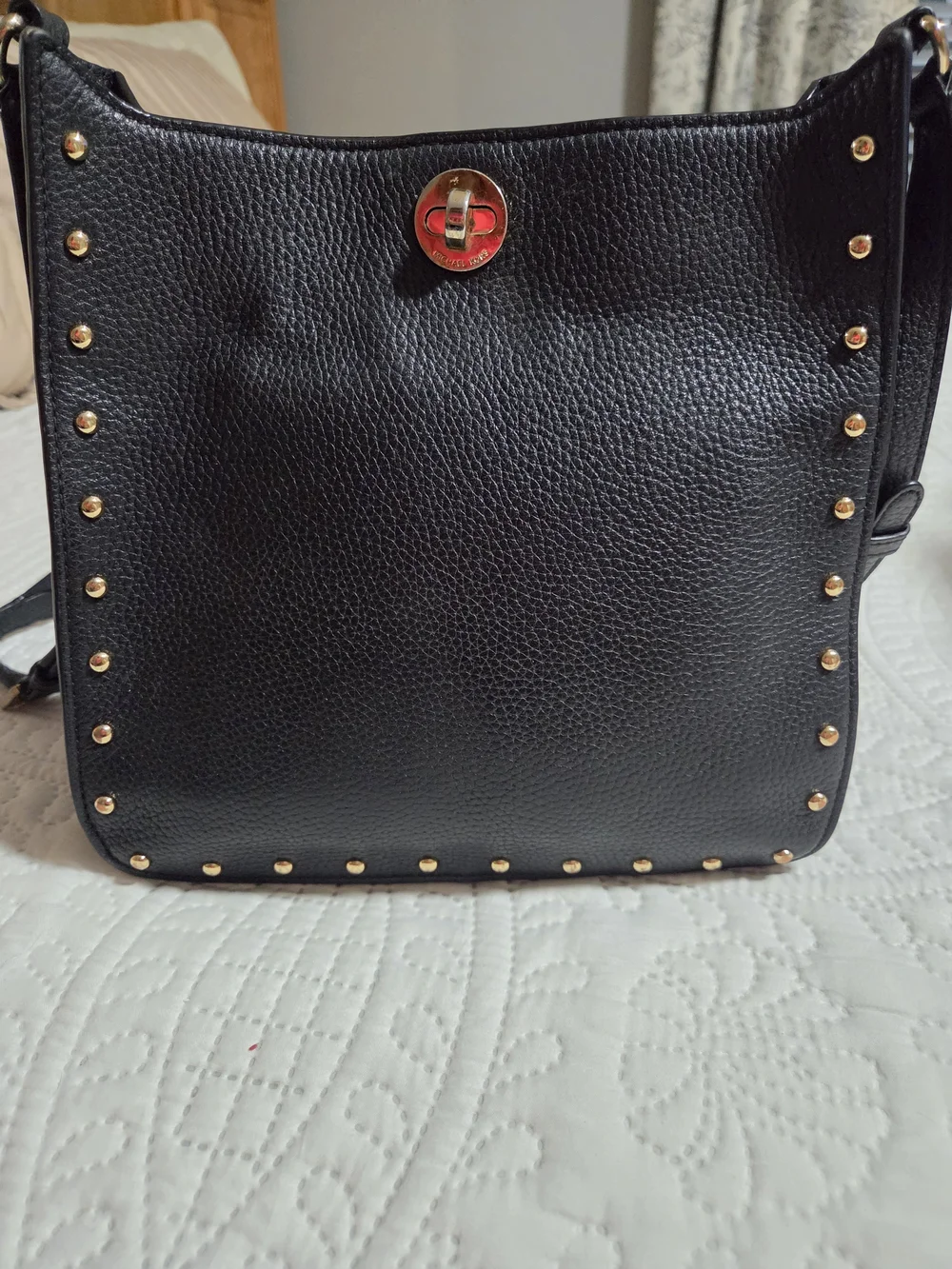 Michael Kors Black Pebbled Leather Studded Shoulder Bag with Gold Hardware